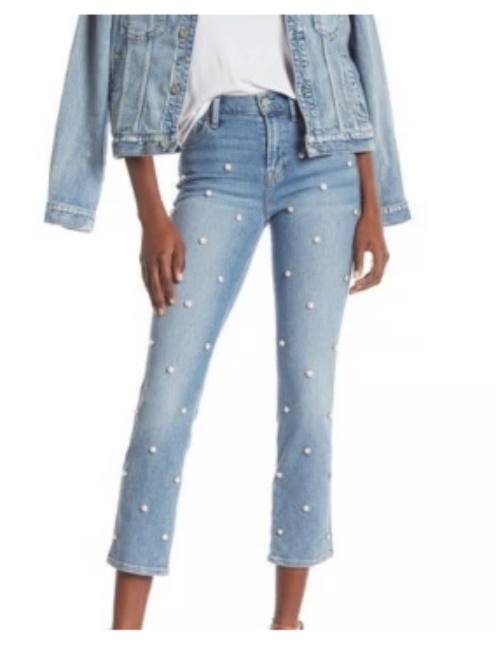 7 for All Mankind Edie Blue Pearl-Embellished Cropped Women’s Jeans Size 25